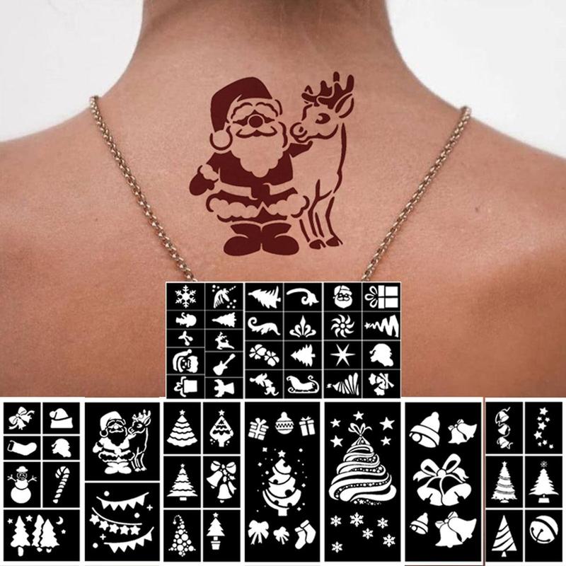 Christmas Festival Themed Temporary Tattoo Stencil, 10 Sheets set Glitter Airbrush DIY Body Art Stencil, Body Art Decoration for Holiday Parties Cosplay