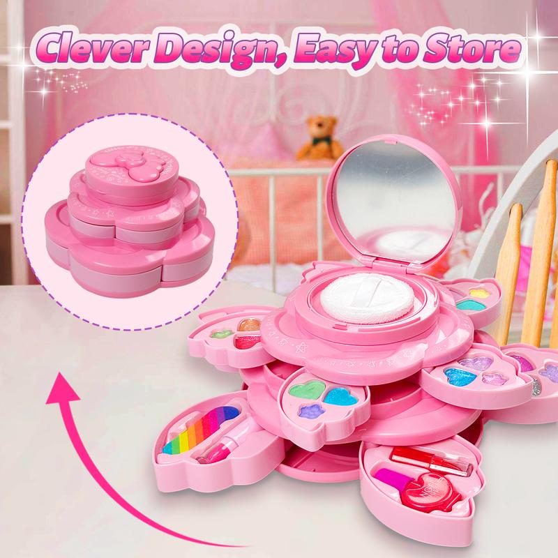 Pink Petal-Shaped Makeup Box for children aged 3, 4, 5, 6 + Children's Makeup Tools