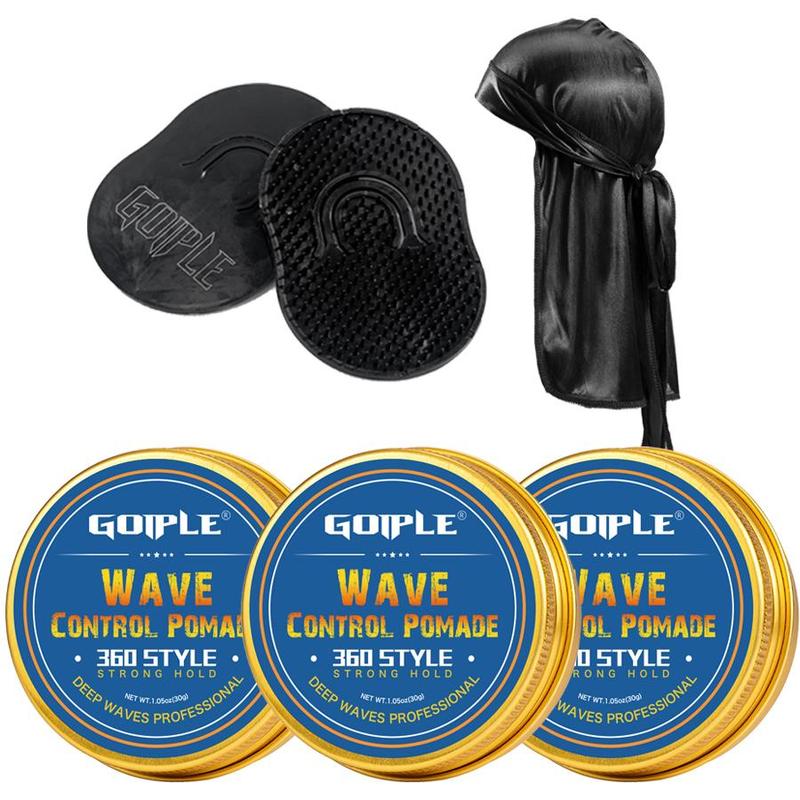 Men's Wave Control Pomade & Brush & Durag Cap Set, 6 Counts set Including 3 Boxes Pomade and 2 Brushes and 1 Cap, Strong Setting Hair Gel, Hair Style Product for Men