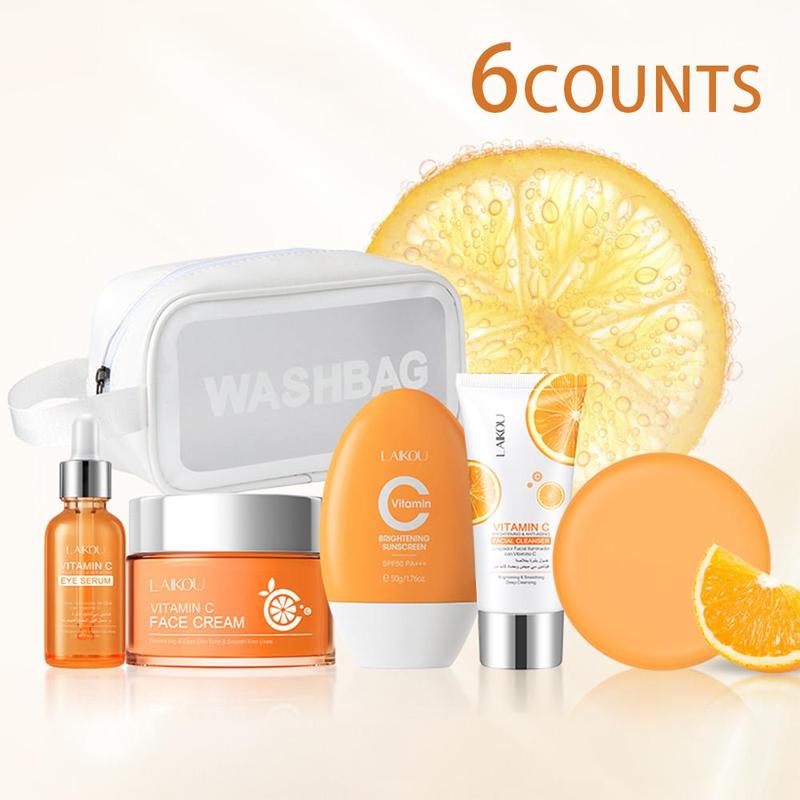 Vitamin C Skincare Set, 6 Counts set Facial Cleanser & Handmade Soap & Face Cream & Serum & Sunscreen & Storage Bag, Moisturizing Skin Care Kit for Women