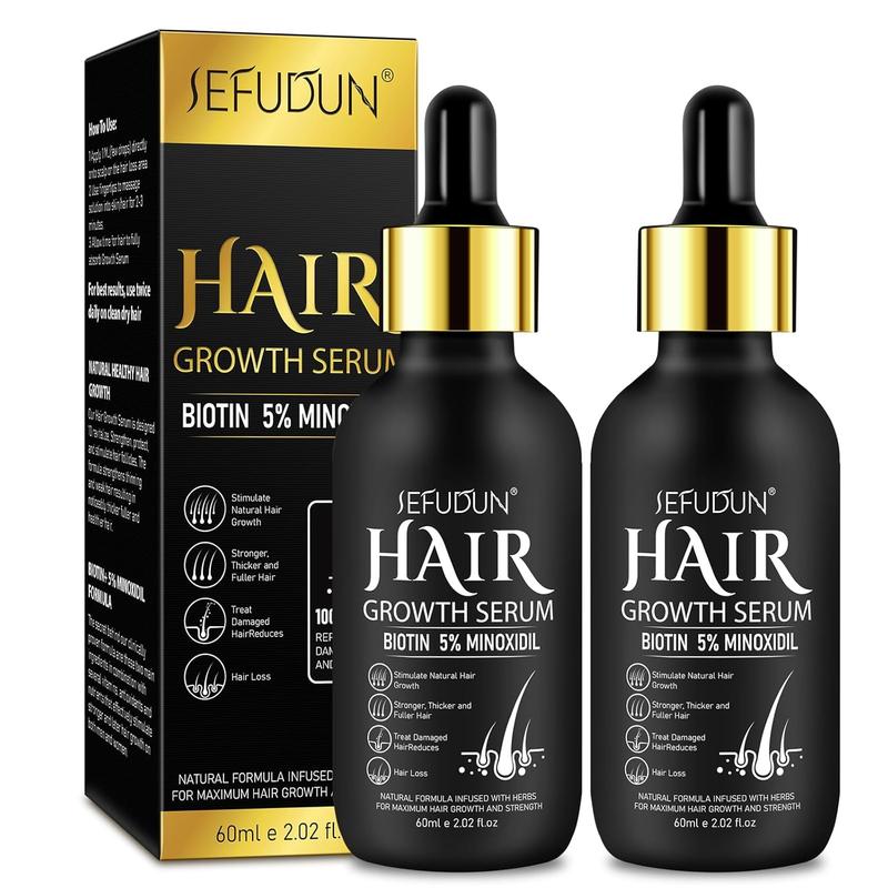 2 Pack Sefudun - 5% Minoxidil Hair Growth Serum, Minoxidil For Men and Women Hair, 60ml Biotin Hair Regrowth Serum Treatment, Topical Serum for Scalp Hair Care, Getting Thicker Healthier Hair