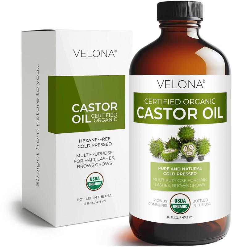 velona USDA Certified Organic Castor Oil - 16 oz in Glass Bottle | For Hair Growth, Boost Eyelashes, Eyebrows | Cold pressed, Natural Oil, USP Grade | Hexane Free, Lash Serum, Caster