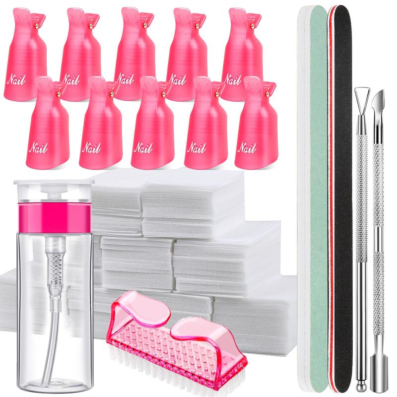 Nail Polish Gel Remover Tools Kit with Nail Clips, 100ml Nail Polish Remover Bottle, 500 Nail Remover Cotton Pad, Nail Brush, Cuticle Pusher Peeler, 100 180 Nail File,Buffer Block