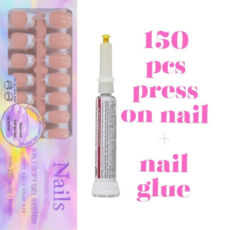 Beauty secrets nail glue +NAG French Tip Pressonnails set, 150pcs  Square French Tip Gel Nails, French on Nails for DIY Nail Art Nail Polish Cosmetic Lightweight Nail Care Manicure Lightweight Nail Care french gel nail tip misssix french