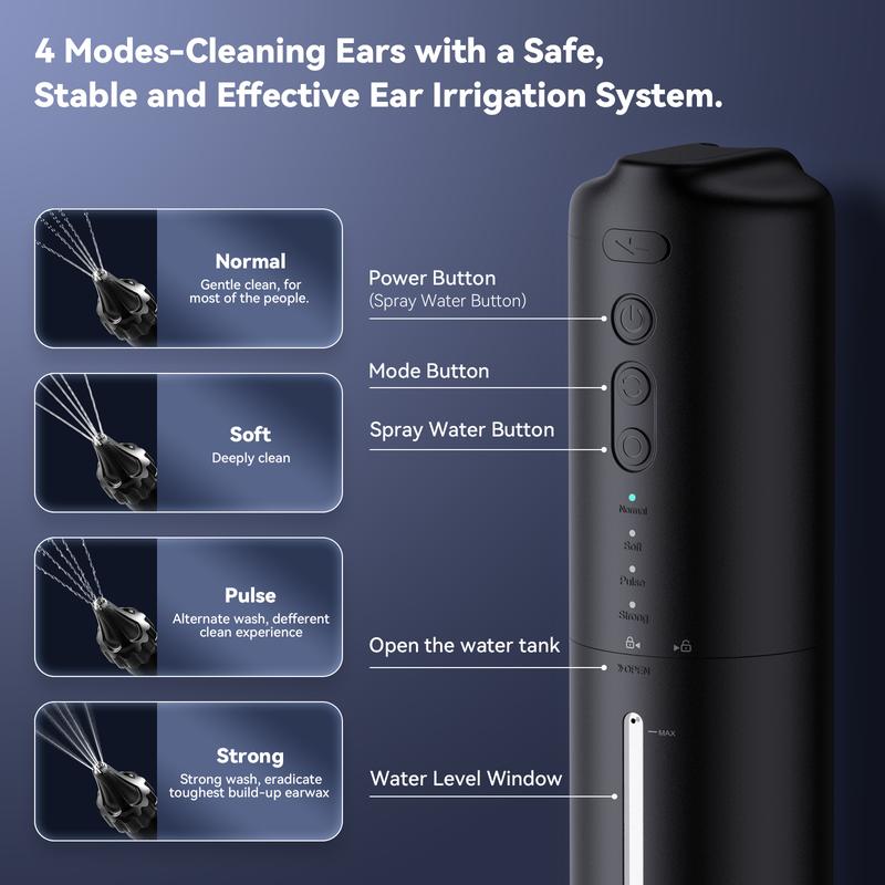 Ear Massaging Cleaner 1set Deluxe Electric Ear Cleaner With 10 Reusable Replacement Nozzles, Ear irrigator, Safe And Effective Ear Wax Removal, Electric Ear Wax Removal Kit, Shower-Safe Ear Irrigator (Use with Ear Scoop for Cleaner Use)