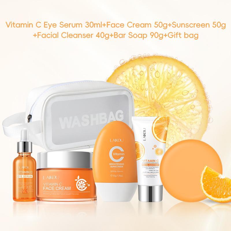 Vitamin C Skincare Set, 6 Counts set Facial Cleanser & Handmade Soap & Face Cream & Serum & Sunscreen & Storage Bag, Moisturizing Skin Care Kit for Women