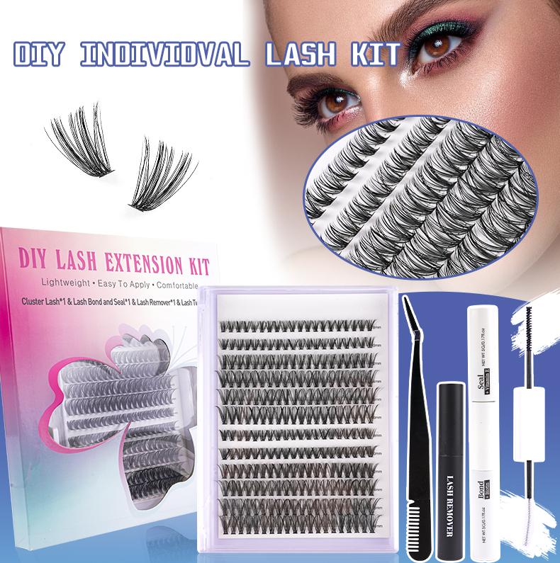 DIY Eyelash Extension Kit 240 Eyelash Set Kit Individual Eyelashes Natural 9-17mm C D Curl Kit, Fine Band Cluster Eyelash Adhesive & Sealant & Eyelash Tweezers, Eyelash Curler Kit, Applicator for Beginners  mega Makeup Cosmetic Eyelashes Extensions