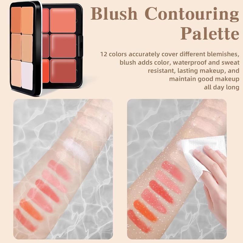 12 Colors Cream Blush Palette, Color Correcting Concealer Foundation Palette, Long Wearing Smudge Proof Blendable Matte Finish Blush Powder Highlighter and Cream Contour Palette Makeup (01)