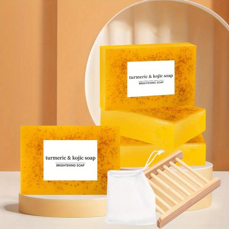 Turmeric Soap Set, 4 Counts set Deep Cleansing & Moisturizing Skin Soap with Bathroom Soap Rack & Foaming Net, Body Wash & Soap for Women & Men