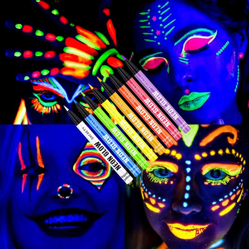 Fluorescent Body Paint Marker Pen, 8 Counts set Long Lasting Glow Eye Liner Pen, Professional Eye Makeup Tool for Women & Girls, Christmas Gift