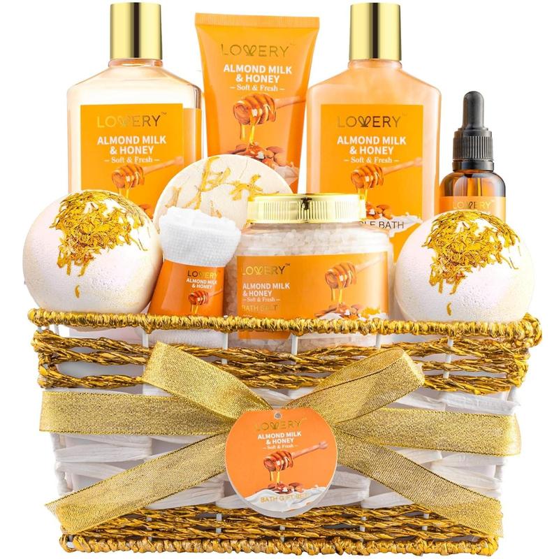 Gift Basket for Women - 10 Pc Almond Milk & Honey Beauty & Personal Care Set - Home Bath Pampering Package for Relaxing - Spa Self Care Kit - Thank You, Birthday, Mom, Anniversary Gift