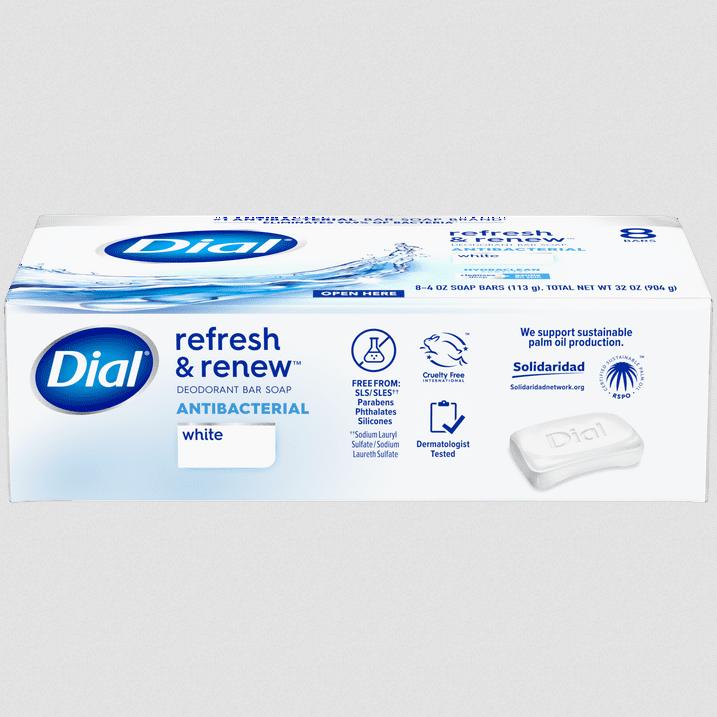 Dial Antibacterial Bar Soap, Refresh & Renew, White, 4 oz, 8 Bars (PREESHIP)