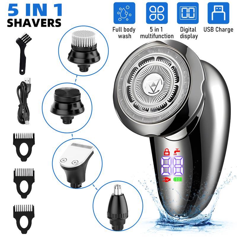 5 in 1 Men Wet& Dry Electric Shaver Head Shaver Beard Trimmer Hair Clipper Rechargeable, Men Electric Beard Trimmer Grooming Kit for Mustache, Head, Body, and Face Cordless Precision Waterproof Groomer USB Charging Rechargeable