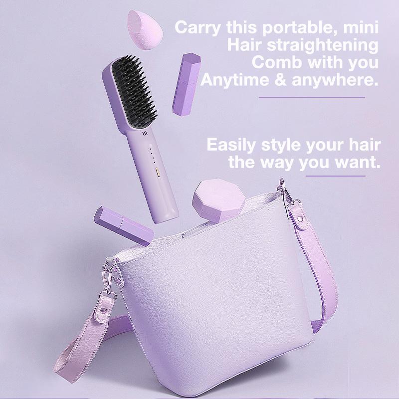 Portable Cordless Mini Hair Straightening Comb, Ring Plus Ionic Hair Straightener Brush - Straightening Comb with Negative Ions, USB Rechargeable, Anti-Scald, for All Hair Types. Clear Comfort