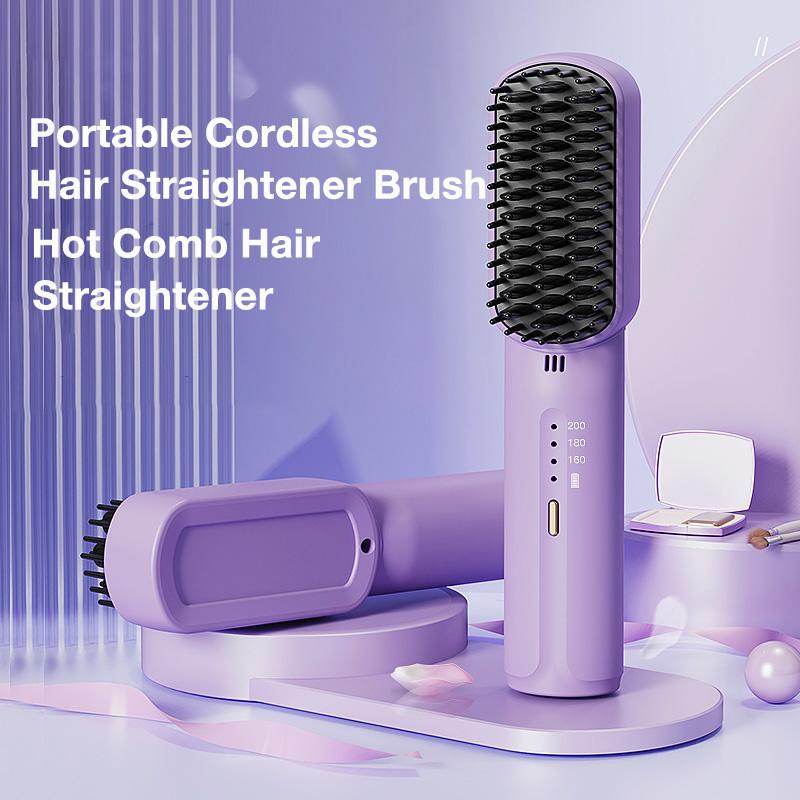 Portable Cordless Mini Hair Straightening Comb, Ring Plus Ionic Hair Straightener Brush - Straightening Comb with Negative Ions, USB Rechargeable, Anti-Scald, for All Hair Types. Clear Comfort