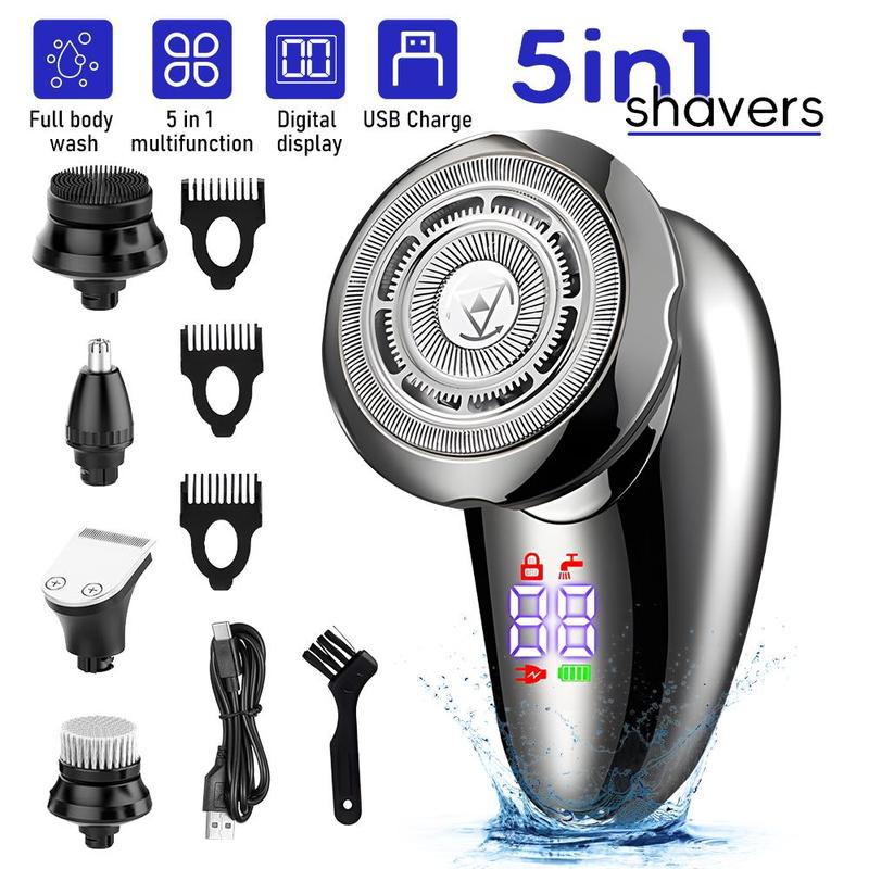 5 in 1 Men Wet& Dry Electric Shaver Head Shaver Beard Trimmer Hair Clipper Rechargeable, Men Electric Beard Trimmer Grooming Kit for Mustache, Head, Body, and Face Cordless Precision Waterproof Groomer USB Charging Rechargeable