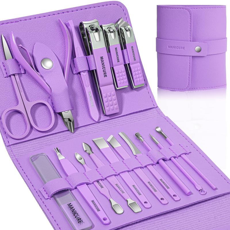 Manicure Set Professional Nail Clippers Pedicure Kit, 16 pcs Stainless Steel Nail Care Tools Grooming Kit with Luxurious Travel Leather Case for Thick Nails Men Women Gift