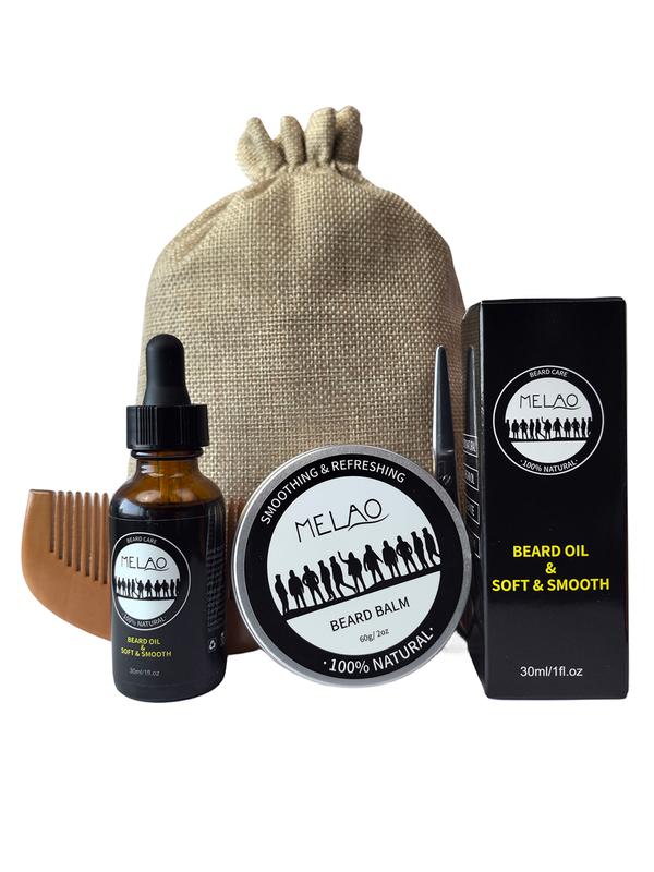 Luxury 5-Piece Men's Beard Maintenance Kit with Essential Oil, Balm, Comb, Scissors & Eco Travel Pouch Beard Kit Comfort Gentle Daily Set Beard Roller for Man facial care travel bag