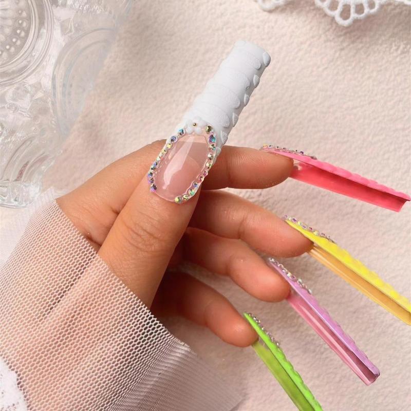 Rhinestone Decor Colorful Fake Nails, 10pcs set Long Square Press on Nails for Women & Girls DIY Nail Art, Elegant Stick on Nails Kit