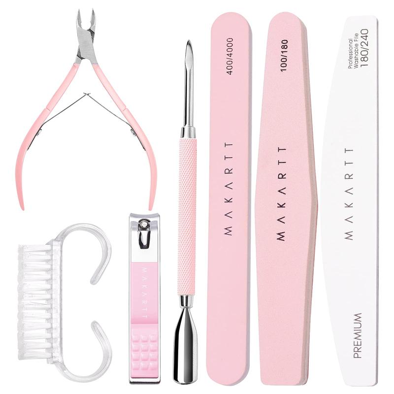 Makartt Nail File and Buffer, Pink Basic Nail Prep Kit with Cuticle Trimmer, Beginner Manicure Kit Nail Care Kit with Cuticle Clipper, Cuticle Trimmer and Nail Brush for Natural Acrylic Nails(7pcs) Nail Art