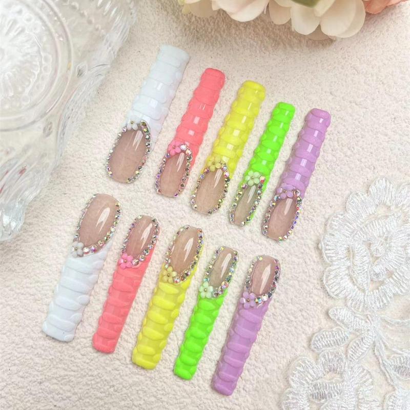 Rhinestone Decor Colorful Fake Nails, 10pcs set Long Square Press on Nails for Women & Girls DIY Nail Art, Elegant Stick on Nails Kit