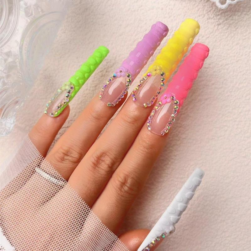 Rhinestone Decor Colorful Fake Nails, 10pcs set Long Square Press on Nails for Women & Girls DIY Nail Art, Elegant Stick on Nails Kit