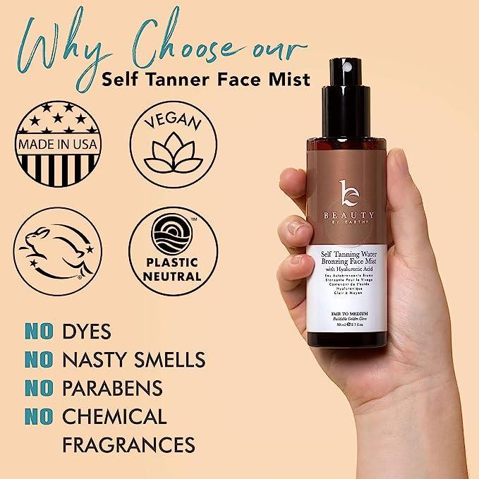 Self Tanning Water Bronzing Face Mist - Hydrating Moisturizer with Hyaluronic Acid for Safe Sunless Tanning Bronzed Glow USA Made Vegan Cruelty Free