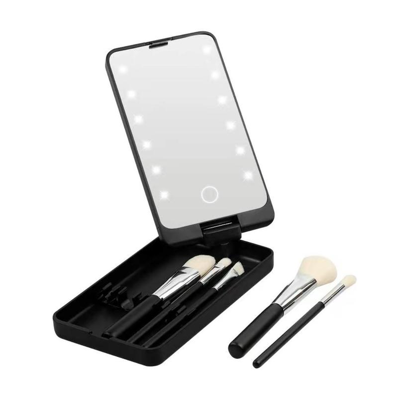 Portable Makeup Brush & Lighted Makeup Mirror Set, 6 Counts set Including 1 Count LED Compact Travel Makeup Mirror & 5 Counts Makeup Brushes, Makeup Tools Set for Women