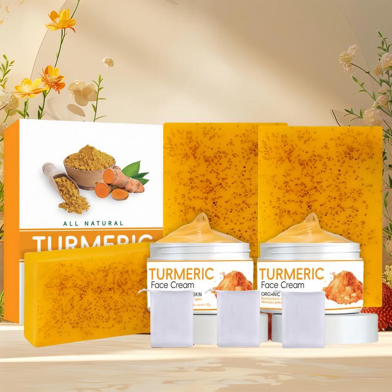 Turmeric Soap & Turmeric Cream Set, 5 Counts set Moisturizing Brightening Facial Skincare, Daily Skincare Product for Women & Men for All Skin Types