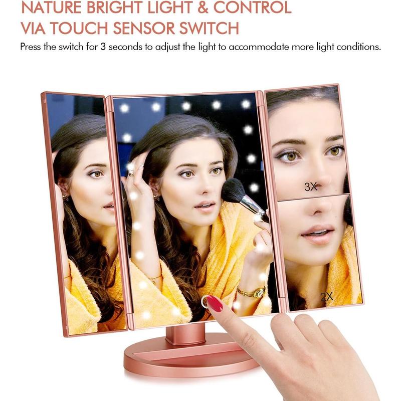 Tri-fold Lighted Vanity Makeup Mirror with 3x 2x Magnification,21 Light and Touch Screen,180 Degree Free Rotation Countertop Cosmetic Mirror,Travel