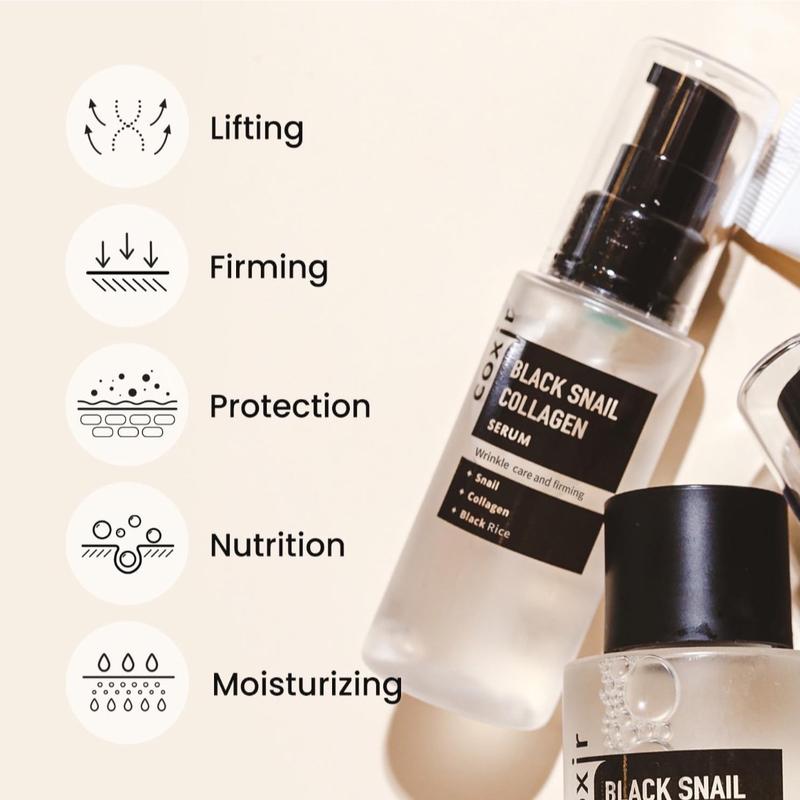 Coxir BLACK SNAIL COLLAGEN STARTER KIT l Repairing&Firming | Black-3-Complex: Black Rice, Bean, Sesame, Snail Mucin, Collagen FOAM CLEANSER+TONER+SERUM+CREAM [3.19 fl.oz (Pack of 1)] Skincare Comfort Moisture Smooth Skin Repair Green Tea