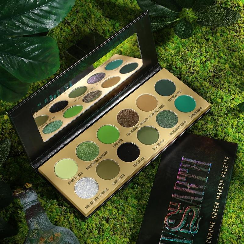 12 Colors Glitter Olive Green Makeup Pallet, Multichrome Green Eyeshadow Palette, Matte Shimmer Light Dark  Green Brown Eye Shadow for Hazel Eyes, Bright Sparkly Black  Shades