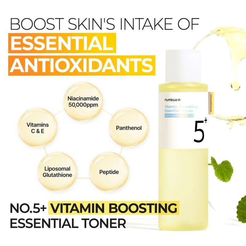 numbuzin No.5+ Vitamin Boosting Essential Toner with Glutathione, Niacinamide | First Step Skincare Reduce Dark Spots, Improve Dullness, Uneven Skin Tone | Non-irritating, Korean Skincare | 3.38 Fl Oz