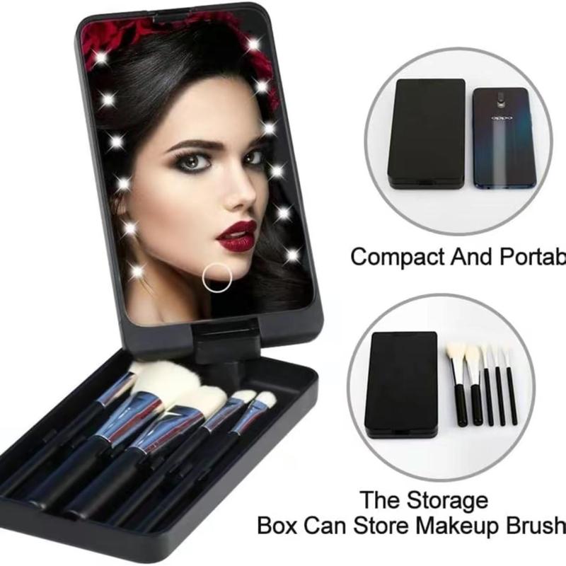 Portable Makeup Brush & Lighted Makeup Mirror Set, 6 Counts set Including 1 Count LED Compact Travel Makeup Mirror & 5 Counts Makeup Brushes, Makeup Tools Set for Women