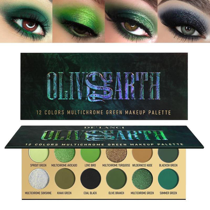 12 Colors Glitter Olive Green Makeup Pallet, Multichrome Green Eyeshadow Palette, Matte Shimmer Light Dark  Green Brown Eye Shadow for Hazel Eyes, Bright Sparkly Black  Shades