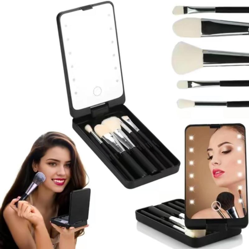 Portable Makeup Brush & Lighted Makeup Mirror Set, 6 Counts set Including 1 Count LED Compact Travel Makeup Mirror & 5 Counts Makeup Brushes, Makeup Tools Set for Women