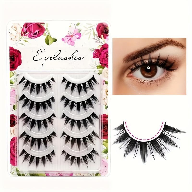 5 Pairs Fluffy False Eyelashes, Cat Eye Look Faux Cluster Lashes Full Volume Eyelash for Women and Girls Eye Makeup Enhancement