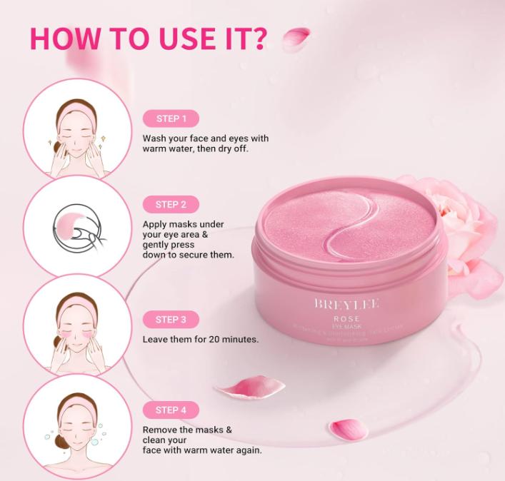 BREYLEE Rose Eye Mask– 60 Pcs - Eye Treatment Mask, Under Eye Bags Treatment, Under Eye Masks, Under eye Dark Circles