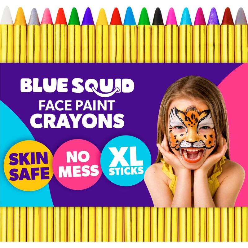 BLUE SQUID Face Paint Crayons for Kids, 18pcs XL Non-Toxic, Washable Body Paint Crayons -  Cosmetic, Gentle Flawless Hypoallergenic Makeup Sticks