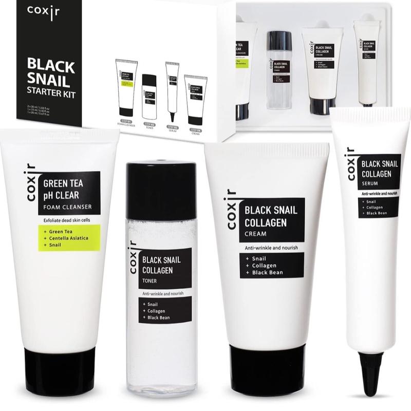 Coxir BLACK SNAIL COLLAGEN STARTER KIT l Repairing&Firming | Black-3-Complex: Black Rice, Bean, Sesame, Snail Mucin, Collagen FOAM CLEANSER+TONER+SERUM+CREAM [3.19 fl.oz (Pack of 1)] Skincare Comfort Moisture Smooth Skin Repair Green Tea