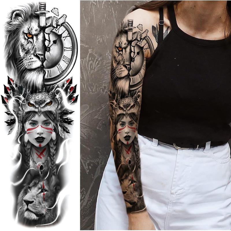 IN STOCKLion Wolf Temporary Tattoo Sleeve, Large Full Arm Animal Tribal Fake Tattoos Sleeve For Men Women Adult, Long Lasting Black Arm Temp Tatoo Sticker Leg Body Art Makeup, 4-Sheet