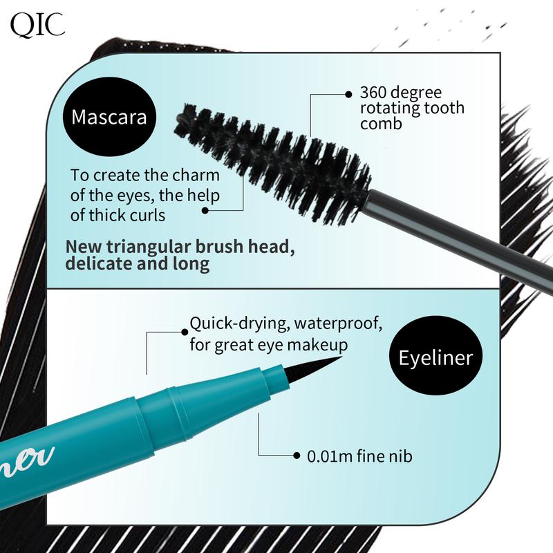 Mascara and Eyeliner Set - Liquid Lash Extensions, Volumizing and Lengthening, Quick-Dry Eyeliner, Waterproof, Smudge-proof, Sweatproof, All-Day Wear, Rich Black, No Clumping for Thick, Curled Lashes and Precise Lines (10.7g 0.38 OZ) Makeup Cosmetic