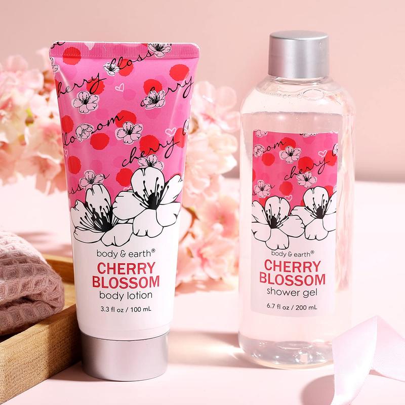 Cherry Blossom Scent Spa Gift Set for Women - 5 Piece Body Care Kit with Shower Gel, Scrub, Lotion, Soap & Rose Flower - Comfort