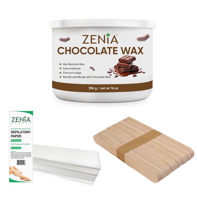 (Bundle Pack) Zenia Chocolate Wax 14oz + Applicators + Waxing Strips