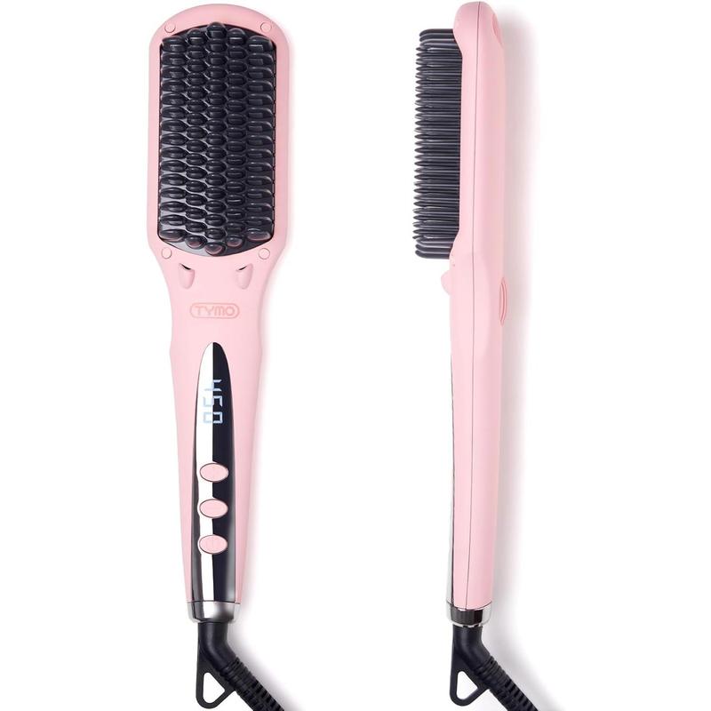 TYMO Ionic Hair Straightener Brush - Straightening Comb with 10M Negative Ions, 25s Heat-up, 16 Temps, Dual Voltage, LED Display | Ceramic Hot Comb Hair Brush Straightener for Women, Pink