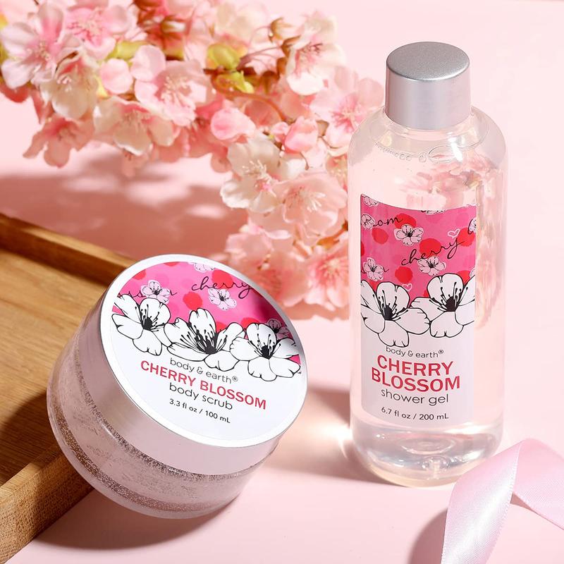 Cherry Blossom Scent Spa Gift Set for Women - 5 Piece Body Care Kit with Shower Gel, Scrub, Lotion, Soap & Rose Flower - Comfort