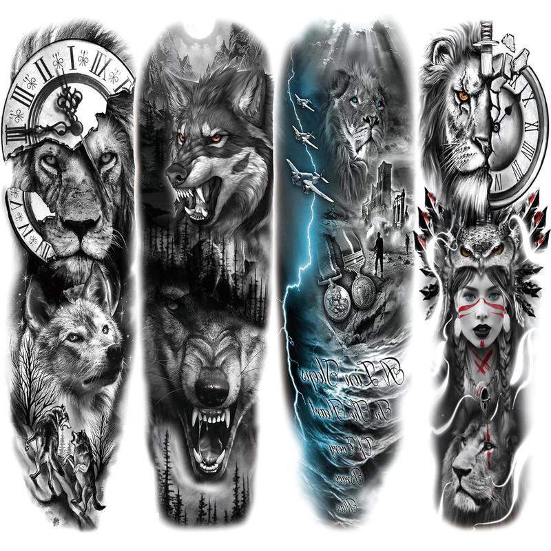 IN STOCKLion Wolf Temporary Tattoo Sleeve, Large Full Arm Animal Tribal Fake Tattoos Sleeve For Men Women Adult, Long Lasting Black Arm Temp Tatoo Sticker Leg Body Art Makeup, 4-Sheet