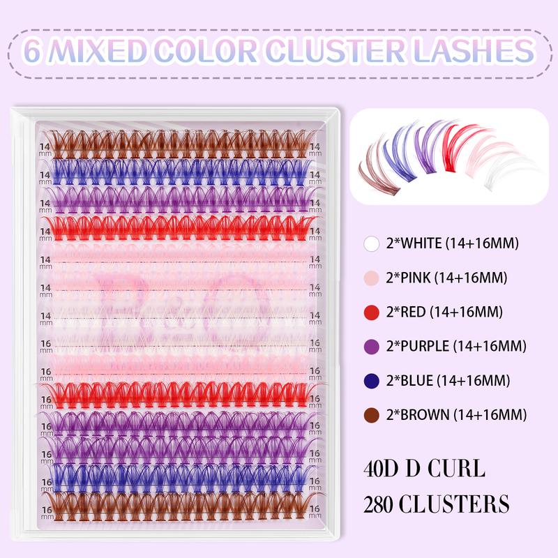 B&Q Lash 6 Color Mixed lash Clusters DIY Eyelash Extensions,280 pcs party Lashes 14-16mm mix Volume Eyelash Clusters Wispy Individual Lashes at Home