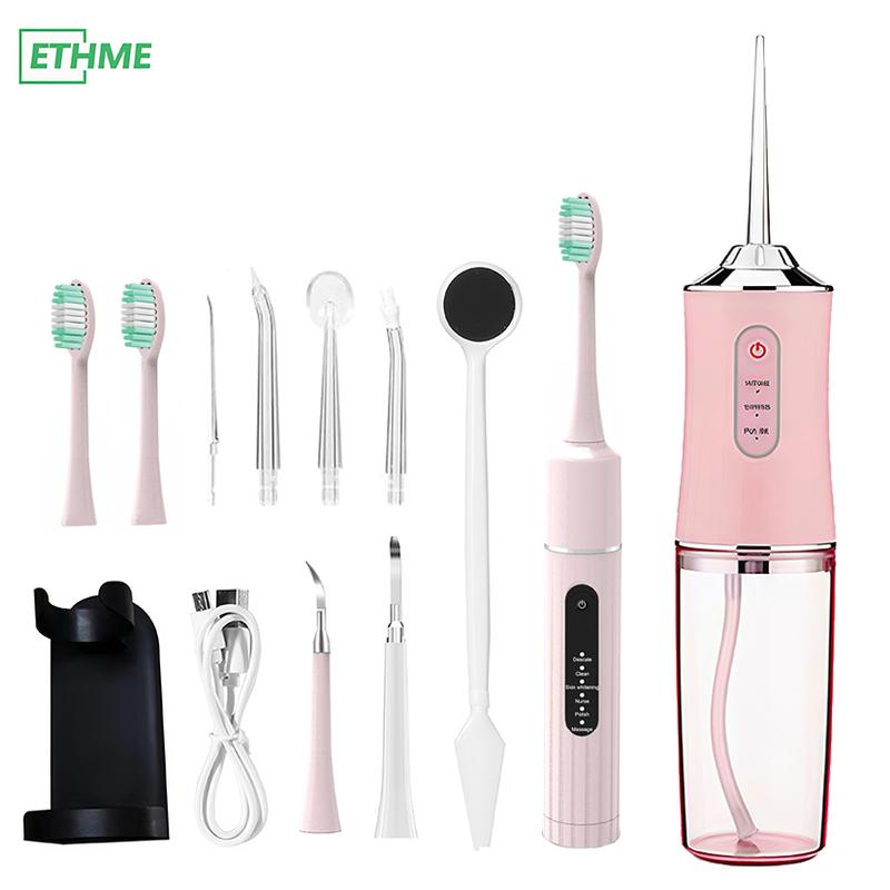 ETHME Water Flosser&Rechargeable Electric Toothbrush. 4-in-1 Oral Rinse, Mode 4 Jets Cordless.Deep Cleaning: High-Frequency Sonic Toothbrush with Dental Mirror, 5 Settings, Long Battery Life, Waterproof Design, and Convenient Charging Stand