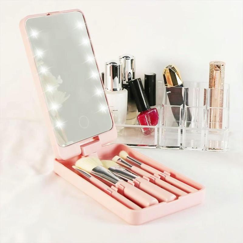 Portable Makeup Brush & Lighted Makeup Mirror Set, 6 Counts set Including 1 Count LED Compact Travel Makeup Mirror & 5 Counts Makeup Brushes, Makeup Tools Set for Women